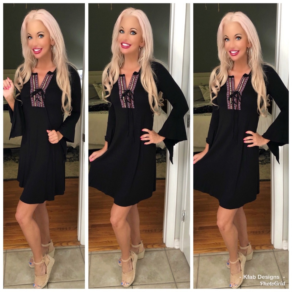 LAST 1! 💕Stunning Black Jersey Knit Peasant Dress - Picture 3 of 4